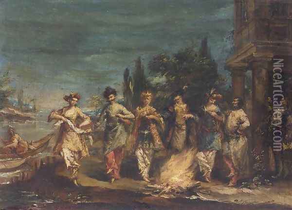 Three Couples in Exotic Dress Dancing in front of a Fire 1742-43 Oil Painting - Giovanni Antonio Guardi
