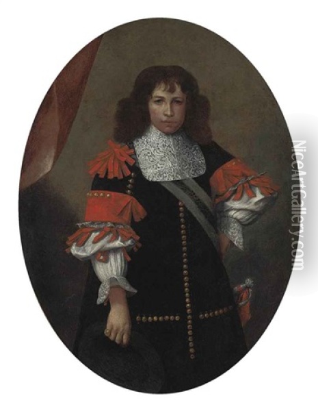 Portrait Of A Gentleman In A Black Coat With Red Ribboning And A Sash Oil Painting - Carlo Ceresa
