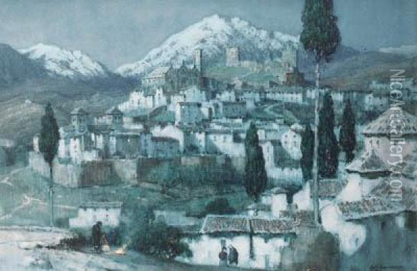 A Spanish Mountainous Village By Moonlight Oil Painting - Albert Moulton Foweraker