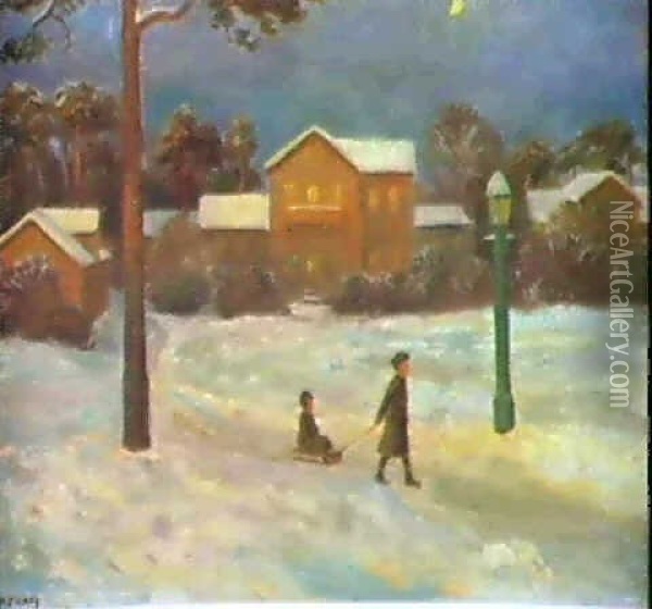 A Winter Evening Oil Painting - Otto Hennig