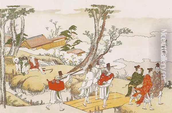 Courtiers Crossing a Bridge Oil Painting - Katsushika Hokusai