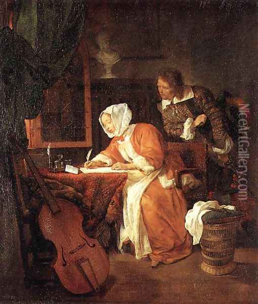 The Letter-Writer Surprised c. 1662 Oil Painting - Gabriel Metsu