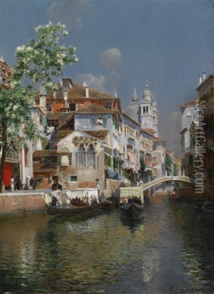 Gondolas On A Venetian Canal, Santa Maria Della Salute In The Distance Oil Painting - Rubens Santoro