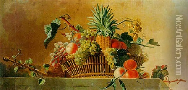 Still Life Of A Basket Of Fruit Resting On A Stone Ledge Oil Painting - Jean-Jacques Bachelier