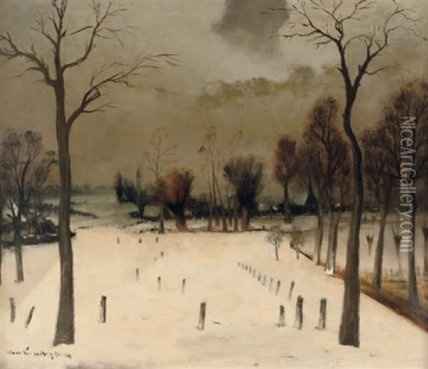 Paysage De Neige - Winter Landscape Oil Painting - Gaston (Th.-G.) van Landeghem