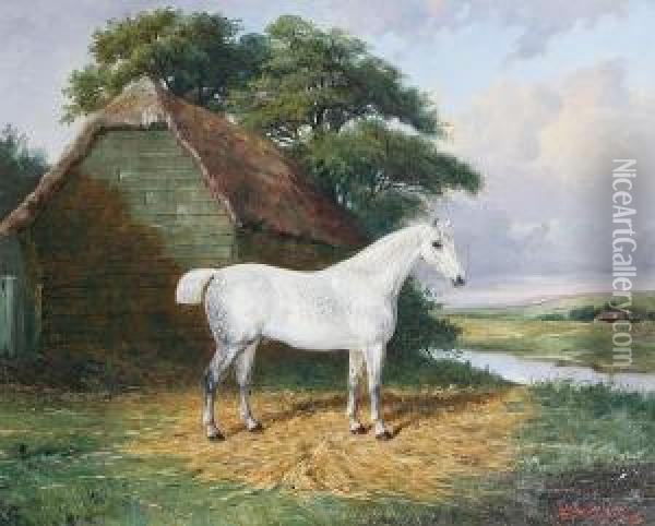 A Dappled Grey Hunter In A Riverside Paddock Oil Painting - A. Clark