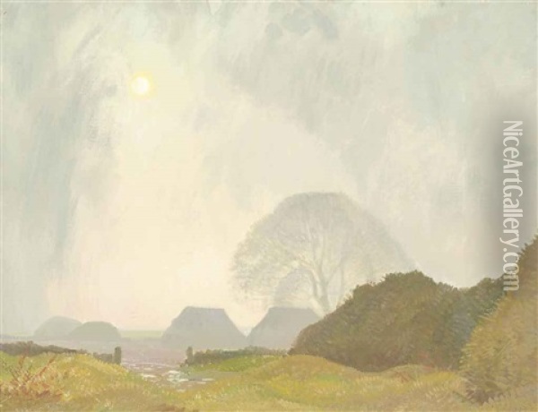 Haystacks, Twilight Oil Painting - Sir George Clausen