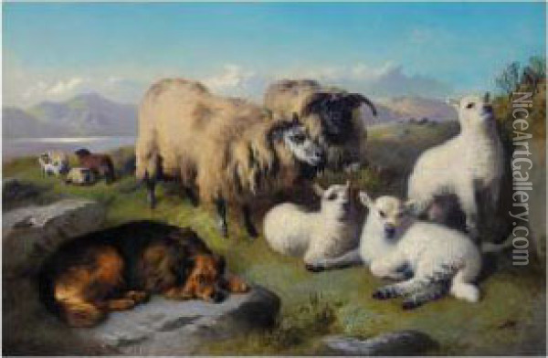 Sheep And Sheepdog In A Landscape Oil Painting - George W. Horlor