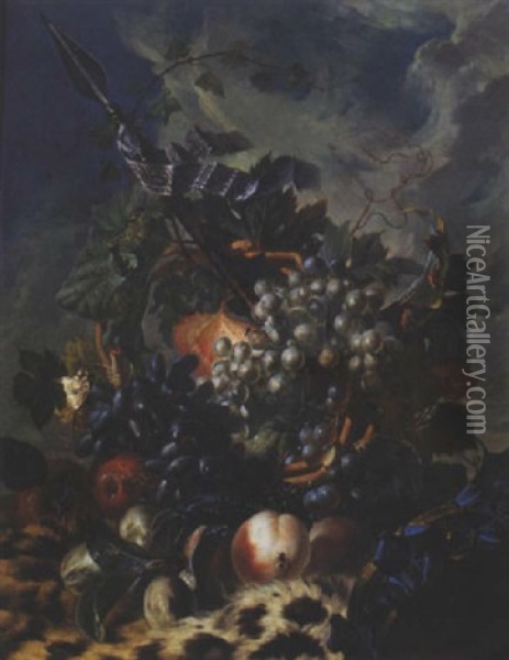 Nature Morte De Raisins, Peches Et Prunes Pres D'un Tambourin Disposes Sur Une Peau De Panthere Oil Painting - Georgius Jacobus Johannes van Os