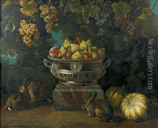 Nature Morte Aux Figues Dans Une
 Jardiniere En Argent De Thomasgermain, Sur Un Socle De Marbre, Sous Des
 Pampres De Vignes Oil Painting - Alexandre-Francois Desportes