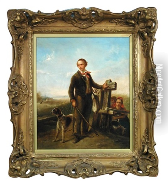 A Boy Warrener With His Spaniel And A Rabbit In A Bag Oil Painting - Emanuel Noterman