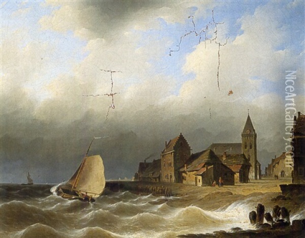 Off The Coast Near A Dutch Town Oil Painting - Herman Henry op der Heyde