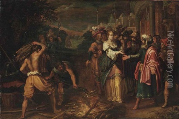 Judah And Tamar Oil Painting - Adriaen van Nieulandt the Elder