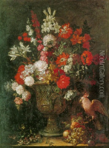 Elaborate Still Life Of Flowers In An Urn Resting On A Ledge With Fruit And A Cockatoo Oil Painting - Pieter Casteels the Younger