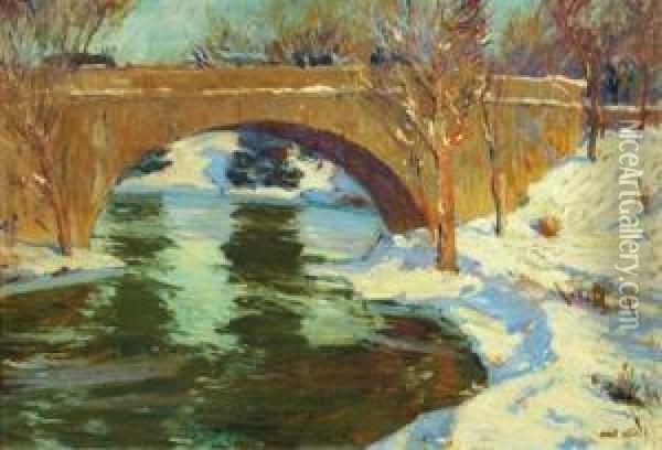 Central Park Bridge In Winter Oil Painting - Jonas Lie
