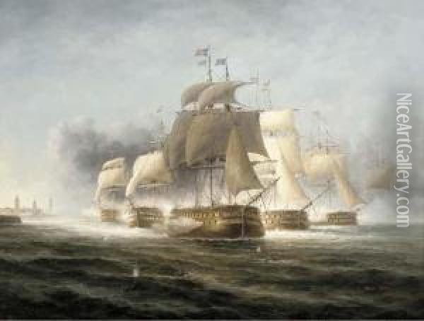 A Naval Engagement Off The Dutch Coast Oil Painting - James Hardy