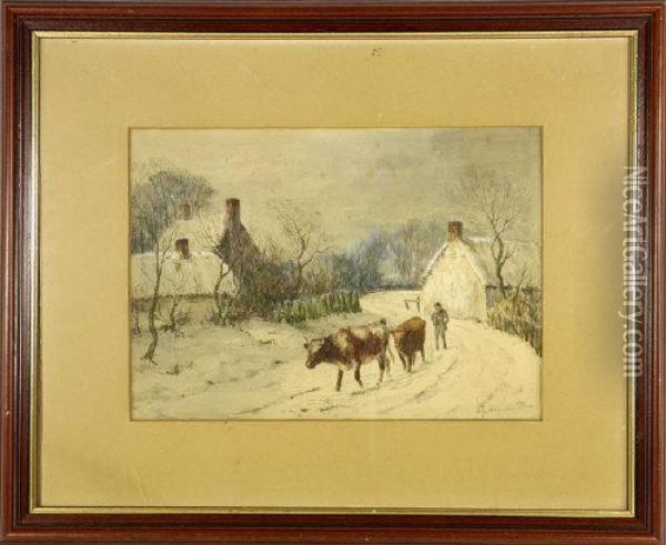 Driving Cattle In Winter Oil Painting - Squire Howard