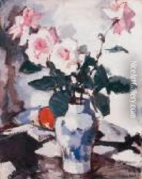 Pink Roses In A Blue And White Vase With A Black Fan And An Appleon A Draped Table Oil Painting - Samuel John Peploe