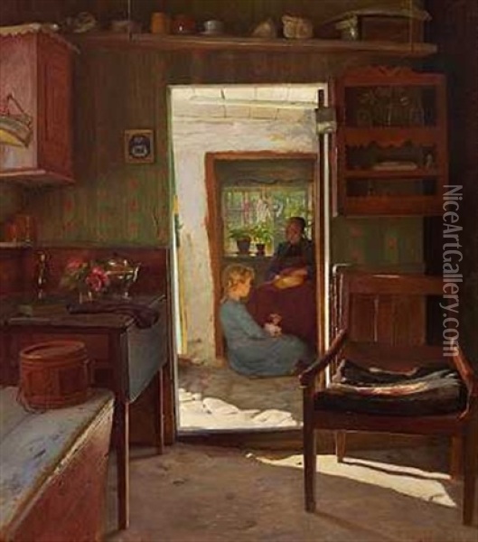 En Lille Pige Og Hendes Bedstemoder I En Dorabning Oil Painting - Gustav Vermehren