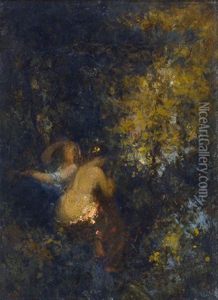< Couple De Personnage Dans Un Sous-bois >. Oil Painting - Adolphe Joseph Th. Monticelli