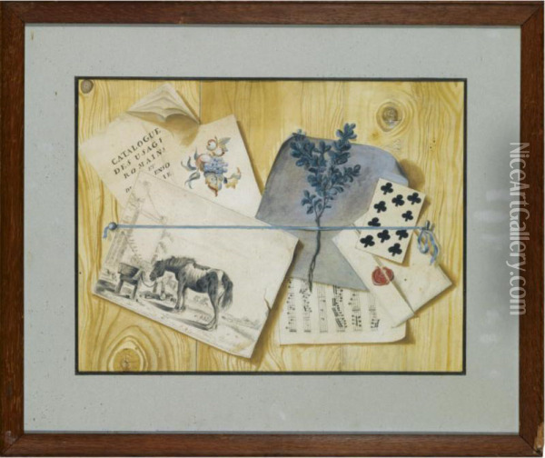 Trompe L'oeil Of A Dirk Stoop Print, Sheet Music And Other Items Held To A Pine Wall By A Tape Oil Painting - Raymond Commarieux