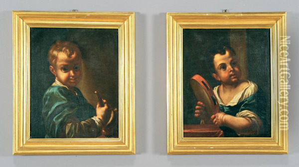 Bambino Con Tamburello E Bambino Con Pestello Oil Painting - Antonio Amorosi