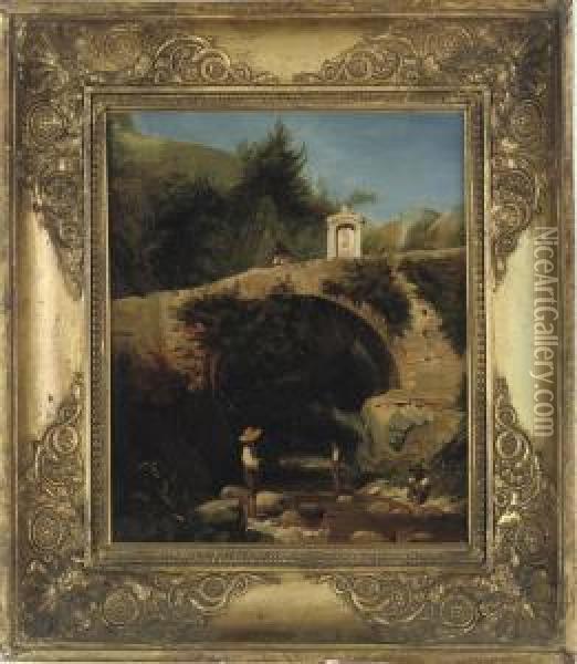 Children Paddling In A Stream Below A Bridge And A Shrine Oil Painting - Jean Achille Benouville