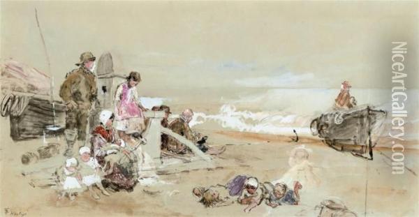 Figures Waiting On The Shore At Hastings Oil Painting - Myles Birket Foster