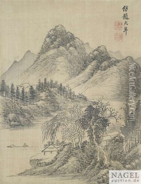 Landschaft Im Literatenstil, Albumblatt, Tusche Auf Seide Oil Painting -  Wang Shimin
