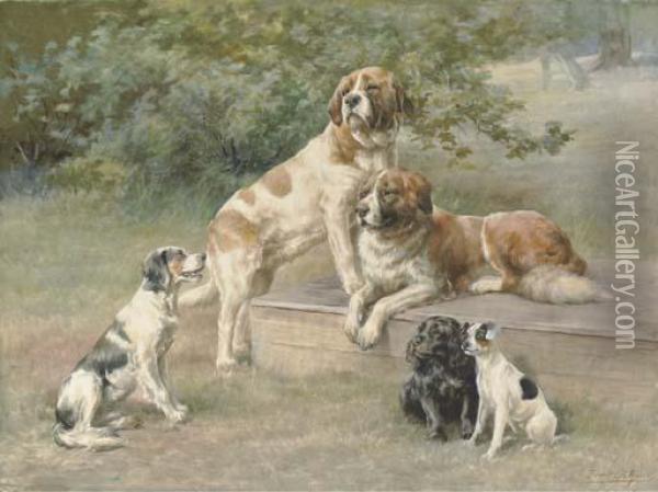 Two St. Bernards, A Black Cocker Spaniel, An English Setter And Ablack And White Terrier Oil Painting - Edmund Henry Osthaus