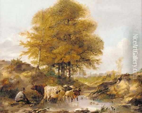 Cattle watering 2 Oil Painting - Thomas Sidney Cooper