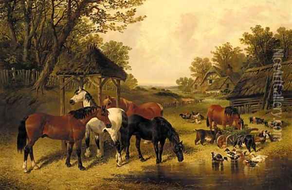 Horses watering in a farmyard with ducks, goats, chickens and pigs Oil Painting - John Frederick Jnr Herring