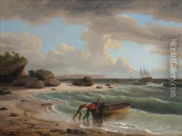 ''rough Seas Off Headland'' Oil Painting - Thomas Birch