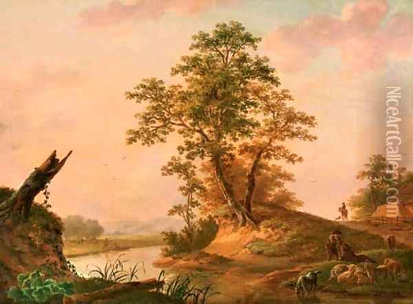 A river landscape with shepherds watering their flock Oil Painting - Jan Willem Surmont