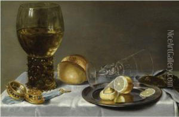 Still Life Of A Roemer, A Facon 
De Venise, A Partly Peeled Lemonon A Pewter Plate, Two Oysters, A Bread 
Roll And A Pocket-watch,all Arranged On A Draped Table Oil Painting - Willem Claesz. Heda