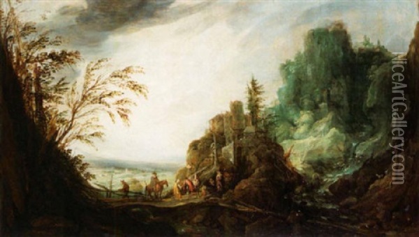 A Rocky Landscape With A Waterfall And Figures Meeting On A Bridge Oil Painting - Jan Tilens