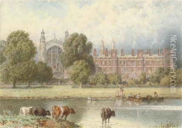 Cattle Watering Before Eton 
College, Windsor, Seen From Across Thethames And Fellows' Eyot Oil Painting - Myles Birket Foster