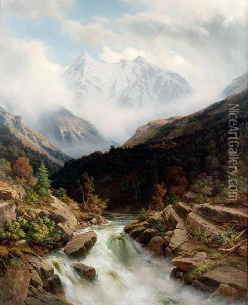 Berglandschap Met Rivier Oil Painting - Johann Wilhelm Lindlar