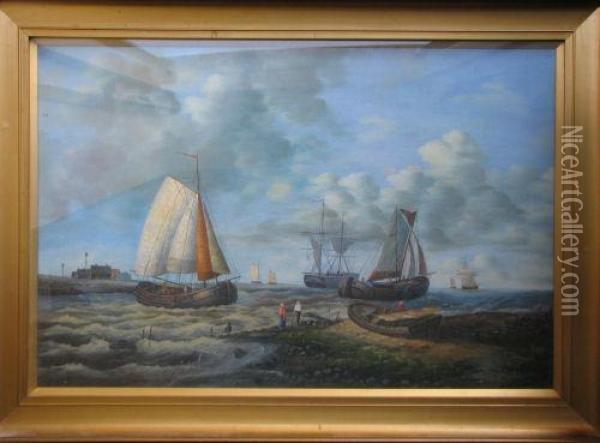 Marine Scene Depicting Figures On Shore With Various Boats Setting Out Oil Painting - F. Hulk