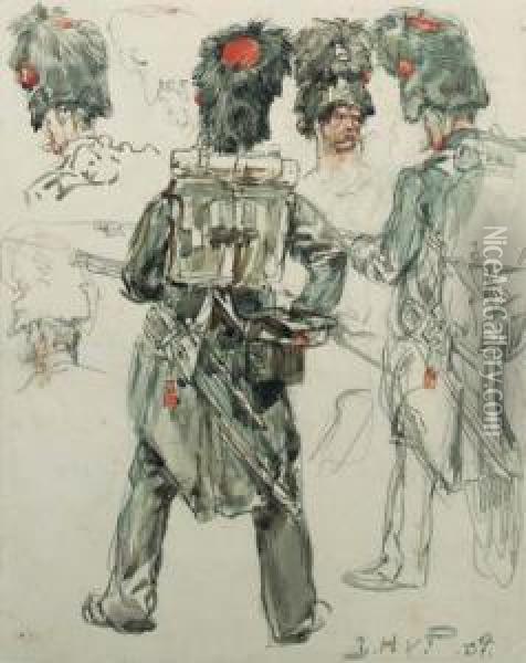 Studies Of Infantry Soldiers (recto); A Study Of A Soldier Lying Ona Battlefield (verso) Oil Painting - Jan Hoynck Van Papendrecht