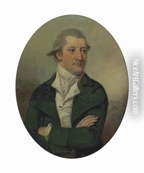 Portrait Of A Gentleman, Half-length, Wearing A Green Coat And White Waistcoat And Stock Oil Painting - John Downman