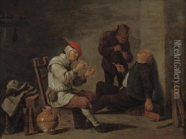 Peasants Smoking In An Interior Oil Painting - David The Younger Teniers