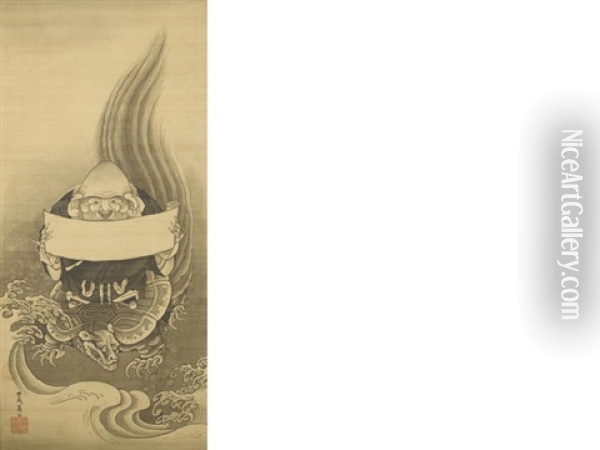 Fukurokuju Riding A Minogame Through Waves Oil Painting - Shohaku Soga