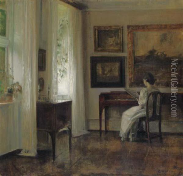 A Lady Reading Music In An Interior Oil Painting - Carl Vilhelm Holsoe