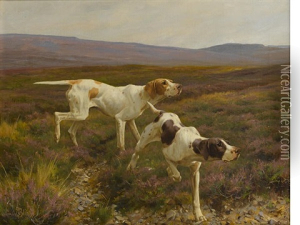 English Pointers In A Landscape Oil Painting - Thomas Blinks