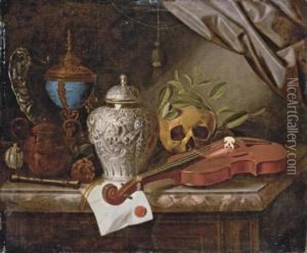 A Vanitas Still-life With A 
Violin, A Silver Ginger Jar, A Recorder, A Letter With A Red Seal, A 
Silver-gilt Hardstone Cup And Cover, A Duth Embossed Silver Dish And A 
Skull Wreathed With Laurel On A Marble Ledge Oil Painting - Pieter Gerritsz. van Roestraten