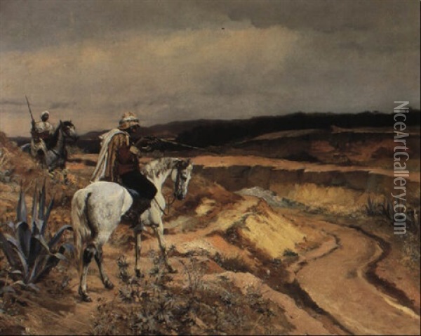 Arab Horsemen In The Desert Oil Painting - Rudolf Ernst