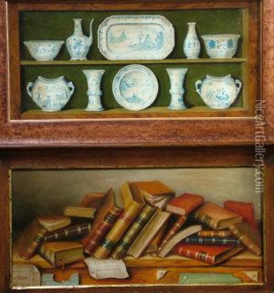 Trompe-l'oeil Of Blue And White China On A Shelf And Scattered Books Oil Painting - John Haberle