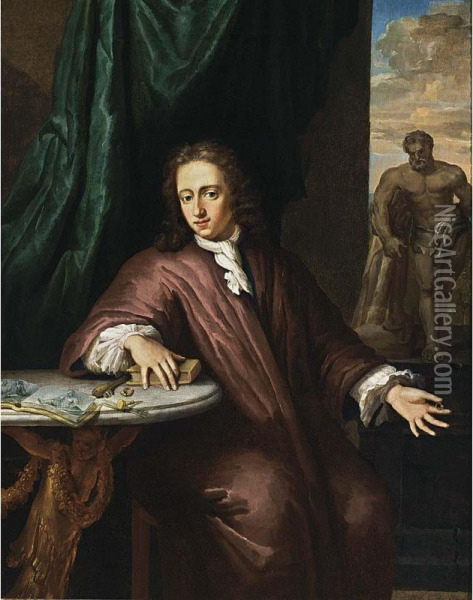 A Portrait Of A Young Goldsmith, Seated Three-quarter Length, Wearing A Brown Overcoat With A White Chemise, With Goldsmith's Attributes On The Table On The Left And An Antique Statue Of The 'hercules Farnese' In The Background Oil Painting - Daniel Haringh
