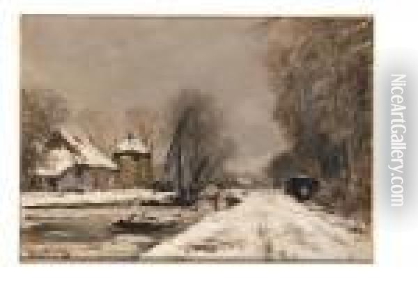 A Winter Landscape With Houses Along A Frozen Canal Oil Painting - Louis Apol